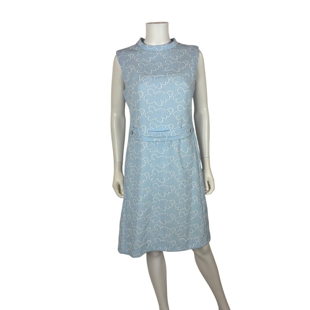 Vintage 60s Sheath Dress Womens Small Ice Blue Patterned Polyester Knee Length - Picture 2 of 11